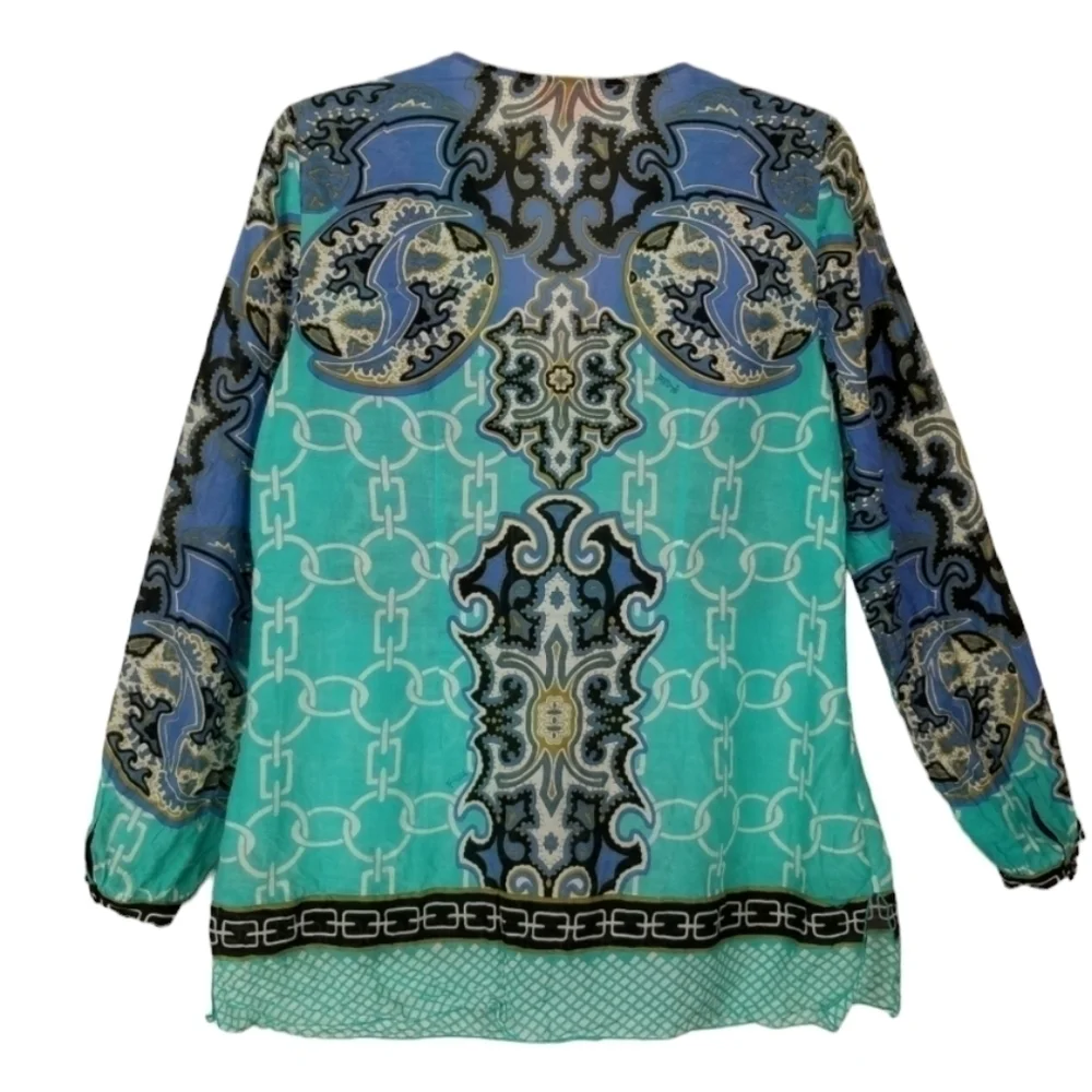 Hale Bob Cabana Silk Cotton Blend Long Sleeve Tunic Top Medium Blue Boho Print